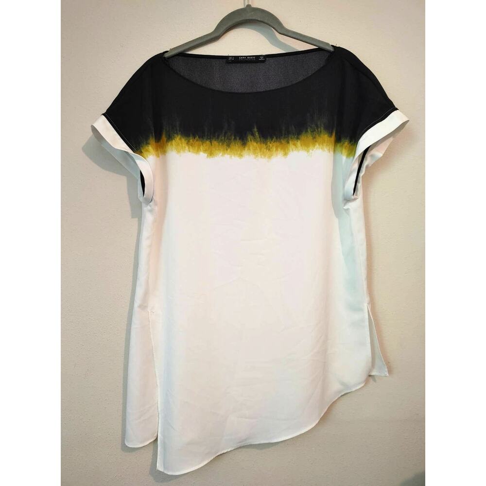Zara Basic Top Blouse Ombre Split Roll Cuff Crew Neck Asymmetrical Small
